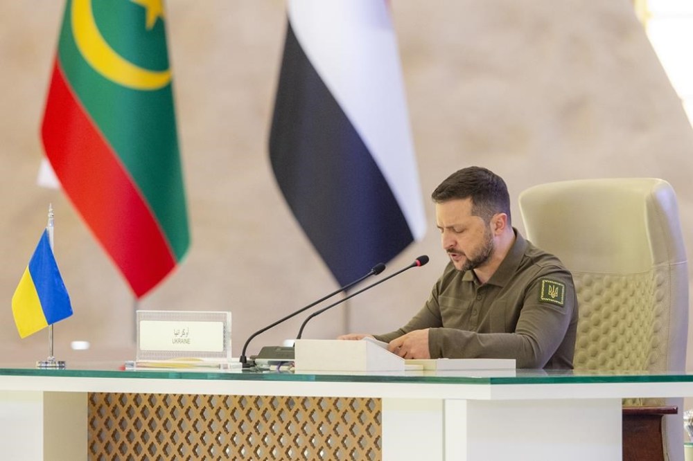In this photo provided by Saudi Press Agency, SPA, Ukraine's President Volodymyr Zelenskyy speaks during the Arab summit in Jeddah, Saudi Arabia, Friday, May 19, 2023. (Saudi Press Agency via AP)