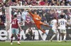 Leeds United goalkeeper Joel Robles makes a save, during the English Premier League soccer match between West Ham United and Leeds United, at the London Stadium, in London, Sunday May 21, 2023. (Mike EgertonPA via AP)