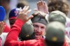 Philadelphia Phillies' Bryson Stott celebrates his two-run home run off of Chicago Cubs' Adbert Alzolay during the seventh inning of a baseball game, Sunday, May 21, 2023, in Philadelphia. (AP Photo/Matt Rourke)