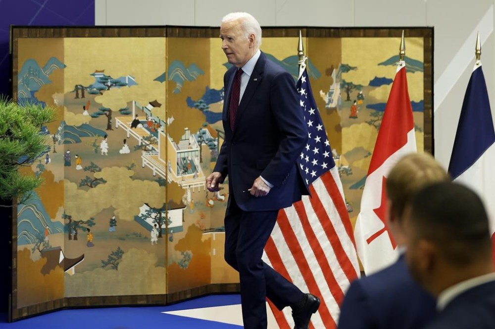 US President Joe Biden arrives for a news conference following the Group of Seven (G-7) leaders summit in Hiroshima, Japan, on Sunday, May 21, 2023. (Kiyoshi Ota/Bloomberg pool via AP)