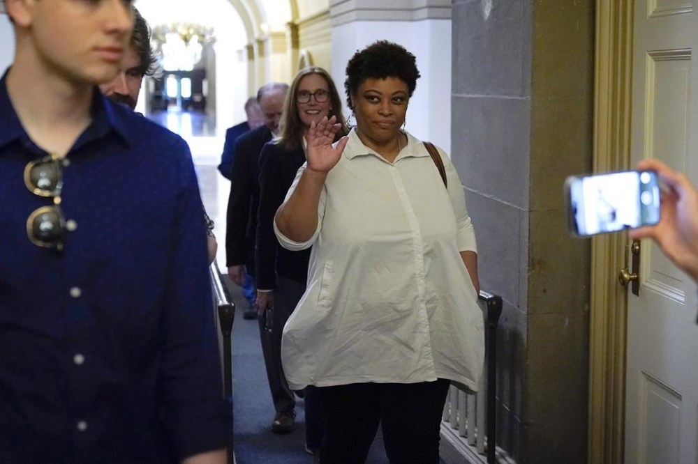 Shalanda Young, director of the Office of Management and Budget, a top mediator for President Joe Biden in the debt limit talks, arrives on Capitol Hill in Washington, Sunday, May 21, 2023, as negotiations on the debt ceiling are set to resume. (AP Photo/Patrick Semansky)