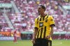 Dortmund's Sebastien Haller celebrates after scoring his side's second goal during the German Bundesliga soccer match between FC Augsburg and Borussia Dortmund at the WWK Arena in Augsburg, Germany, Sunday, May 21, 2023. (AP Photo/Matthias Schrader)