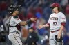 Arizona Diamondbacks' Gabriel Moreno, left, and Andrew Chafin celebrate after the Diamondbacks won a baseball game against the Philadelphia Phillies, Monday, May 22, 2023, in Philadelphia. (AP Photo/Matt Slocum)