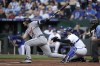 Detroit Tigers' Matt Vierling hits a two-run single during the first inning of a baseball game against the Kansas City Royals Monday, May 22, 2023, in Kansas City, Mo. (AP Photo/Charlie Riedel)