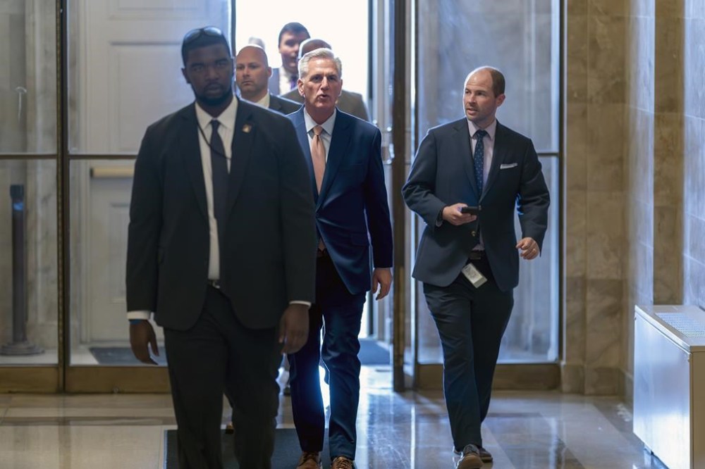 Speaker of the House Kevin McCarthy, R-Calif., returns after he spoke privately to his Republican colleagues, at the Capitol in Washington, Tuesday, May 23, 2023. (AP Photo/J. Scott Applewhite)