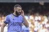 Real Madrid's Karim Benzema reacts during a Spanish La Liga soccer match between Valencia and Real Madrid, at the Mestalla stadium in Valencia, Spain, Sunday, May 21, 2023. (AP Photo/Alberto Saiz)