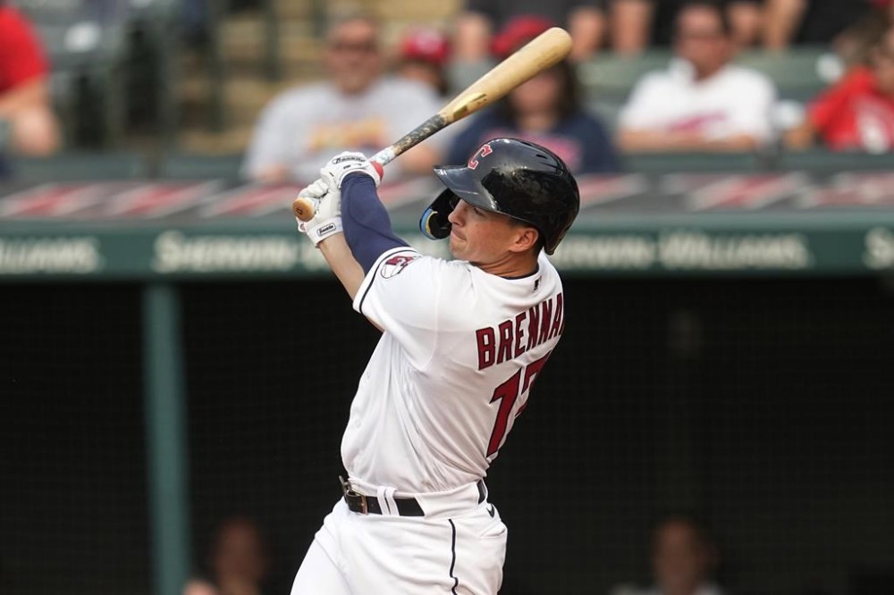 Cleveland Guardians' Will Brennan watches his home run against the Chicago White Sox during the third inning of a baseball game Tuesday, May 23, 2023, in Cleveland. (AP Photo/Sue Ogrocki)