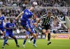 Leicester's Jamie Vardy, left, and Newcastle's Sven Botman battle for the ball during the English Premier League soccer match between Newcastle United and Leicester City at St. James' Park, Newcastle upon Tyne, England, Monday, May 22, 2023. (Owen Humphreys/PA via AP)