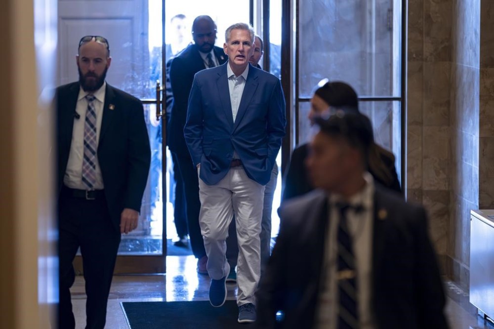 Speaker of the House Kevin McCarthy, R-Calif., arrives at the Capitol in Washington, Friday, May 26, 2023. McCarthy says the mediators