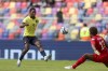 Ecuador's Justin Cuero misses a chance to score in front of Fiji's goalkeeper Joji Vuakaca during a FIFA U-20 World Cup Group B soccer match at the Madre De Ciudades stadium in Santiago del Estero, Argentina, Friday, May 26, 2023. (AP Photo/Nicolas Aguilera)