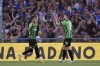 Sassuolo's Matheus Henrique, left, celebrates scoring during the Serie A soccer match between Sampdoria and Sassuolo at Luigi Ferraris Stadium in Genoa, Italy, Friday May 26, 2023. (Tano Pecoraro/LaPresse via AP)