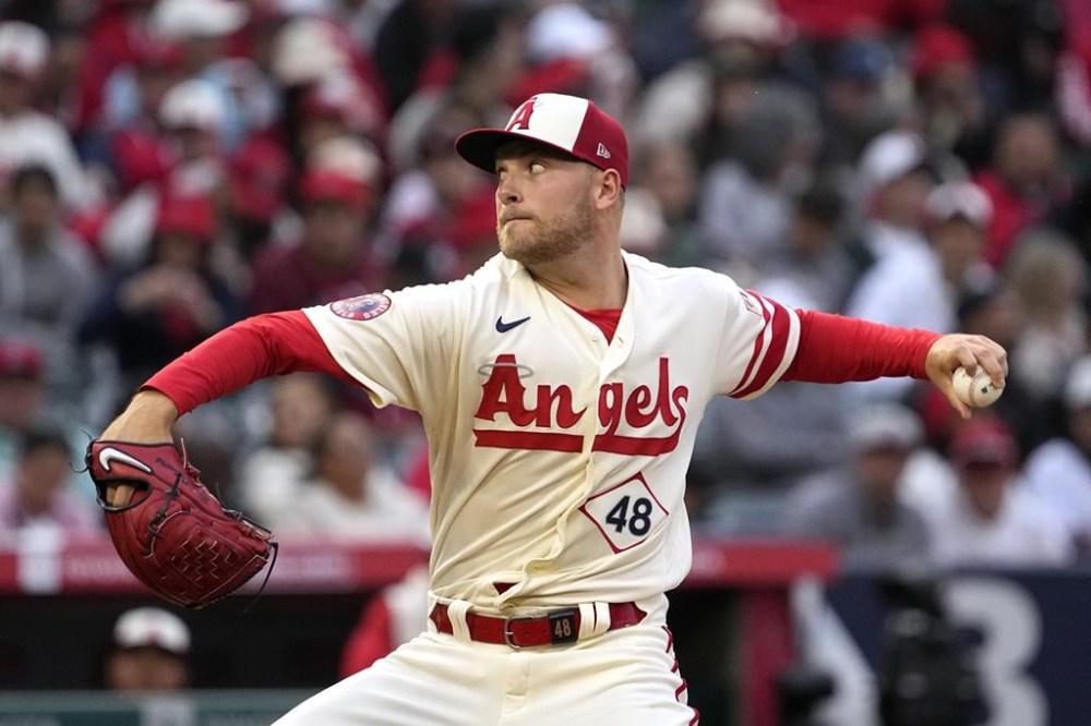Los Angeles Angels starting pitcher Reid Detmers throws to the plate during the second inning of a baseball game against the Miami Marlins Friday, May 26, 2023, in Anaheim, Calif. (AP Photo/Mark J. Terrill)