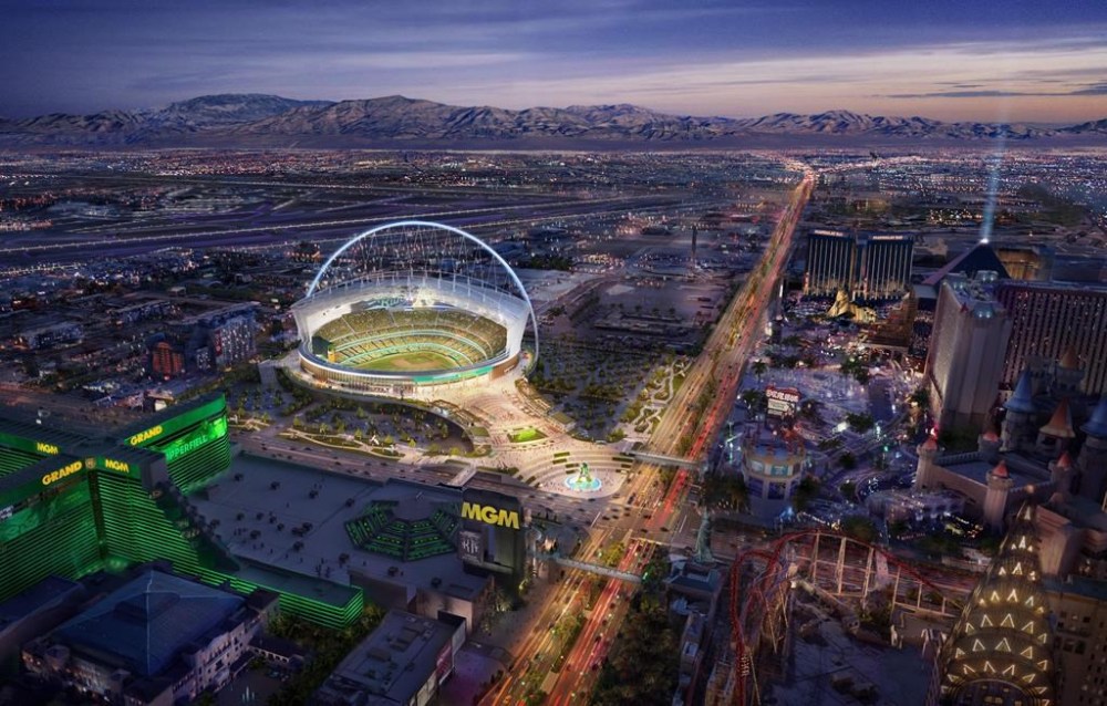 REMOVES LANGUAGE ABOUT BILL AND FINANCING - In this rendering released by the Oakland Athletics Friday, May 26, 2023 is a view of their proposed new ballpark at the Tropicana site in Las Vegas. (Oakland Athletics via AP)