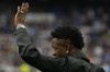 Real Madrid's Vinicius Junior applauds to spectators prior to a Spanish La Liga soccer match between Real Madrid and Rayo Vallecano at the Santiago Bernabeu stadium in Madrid, Spain, Wednesday, May 24, 2023. (AP Photo/Manu Fernandez)