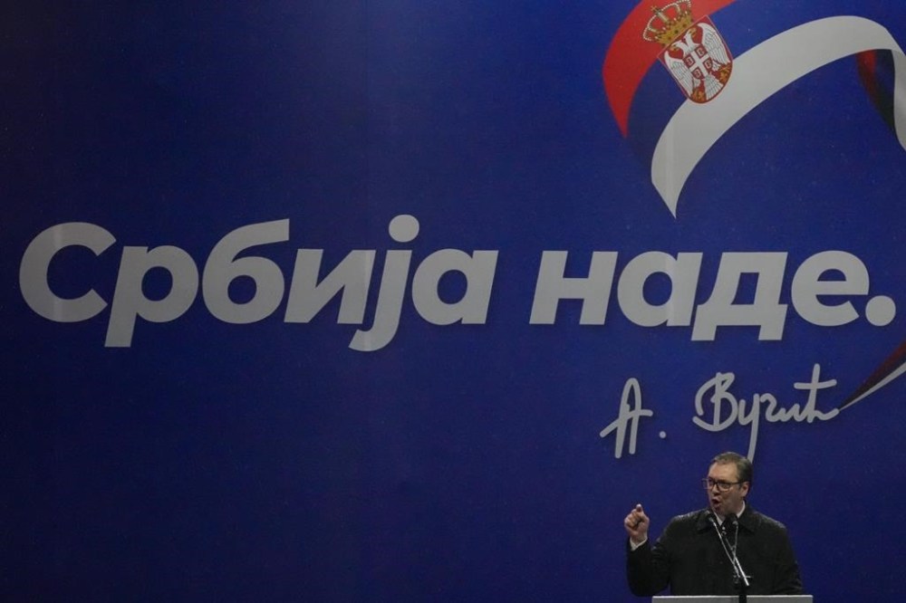 Serbian President Aleksandar Vucic speaks during a major rally in front of the Serbian parliament building in Belgrade, Serbia, Friday, May 26, 2023. At three large anti-government protests held earlier this month in the capital, demonstrators demanded Vucic's ouster as well as the resignation of two senior security officials.(AP Photo/Darko Vojinovic)