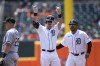 Detroit Tigers' Zach McKinstry reacts after hitting a single against the Chicago White Sox in the first inning of a baseball game, Saturday, May 27, 2023, in Detroit. (AP Photo/Paul Sancya)