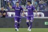 Fiorentina's Luka Jovic, left, celebrates after scoring his side's first goal during a Serie A soccer match between Fiorentina and Roma, at Florence's Artemio Franchi stadium, Italy, Saturday, May 27, 2023. (Marco Bucco/LaPresse via AP)