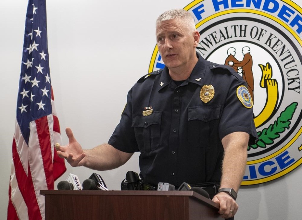 Henderson Police Chief Sean McKinney holds a press conference after officials pulled what they believe to be the body of escaped Ohio prisoner Bradley Gillespie from the Ohio River in Henderson, Ky., Sunday afternoon, May 28, 2023. The discovery of the body ends the five-day search in Henderson County for the convicted killer who reportedly escaped from the Allen/Oakwood Correctional Institution in Lima, Ohio, on Tuesday along with inmate James Lee. (MaCabe Brown/Evansville Courier & Press via AP)