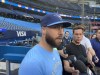 Toronto Blue Jays relief pitcher Anthony Bass speaks to gives a statement to media ahead of interleague baseball action against the Milwaukee Brewers in Toronto on Tuesday, May 30, 2023. THE CANADIAN PRESS/John Chidley-Hill