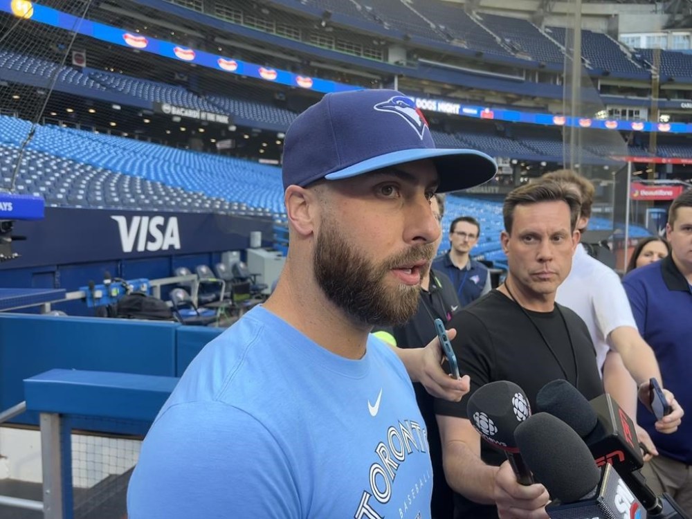 Toronto Blue Jays relief pitcher Anthony Bass speaks to gives a statement to media ahead of interleague baseball action against the Milwaukee Brewers in Toronto on Tuesday, May 30, 2023. THE CANADIAN PRESS/John Chidley-Hill