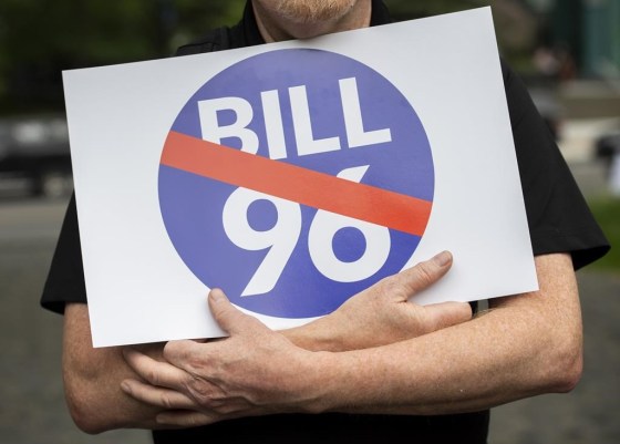 People take part in a protest against Bill 96 in Montreal, in 2022. (Graham Hughes / The Canadian Press files)