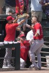 Los Angeles Angels' Mike Trout steps under the home run helmet after hitting a two-run home run off Chicago White Sox starting pitcher Lance Lynn during the first inning of a baseball game Wednesday, May 31, 2023, in Chicago. (AP Photo/Charles Rex Arbogast)