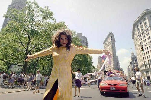FILE - LGBT pioneer Sylvia Rivera leads an ACT-UP march past New York's Union Square Park, June 26, 1994. Rivera and Marsha P. Johnson are two LGBT rights activists who took part in the 1969 Stonewall rebellion and founded an organization that helped homeless gay youths. (AP Photo/Justin Sutcliffe, File)