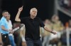Roma's head coach Jose Mourinho gestures during the Europa League final soccer match between Roma and Sevilla at the Puskas Arena stadium in Budapest, Hungary, Wednesday, May 31, 2023. (AP Photo/Darko Bandic)