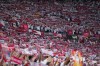 Sevilla fans hold up their scarves during the Europa League final soccer match between Sevilla and Roma, at the Puskas Arena in Budapest, Hungary, Wednesday, May 31, 2023. (AP Photo/Petr David Josek)