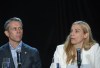Minister of Sport Pascale St-Onge, right, and COC CEO David Shoemaker speak during a news conference in Montreal, Sunday, June 12, 2022. Canadian Fencing Federation executives were the latest sport leaders called on the carpet by a parliamentary committee to answer for its safe sport record, while the Canadian Olympic Committee's chief executive officer stated his support for a national inquiry. THE CANADIAN PRESS/Graham Hughes