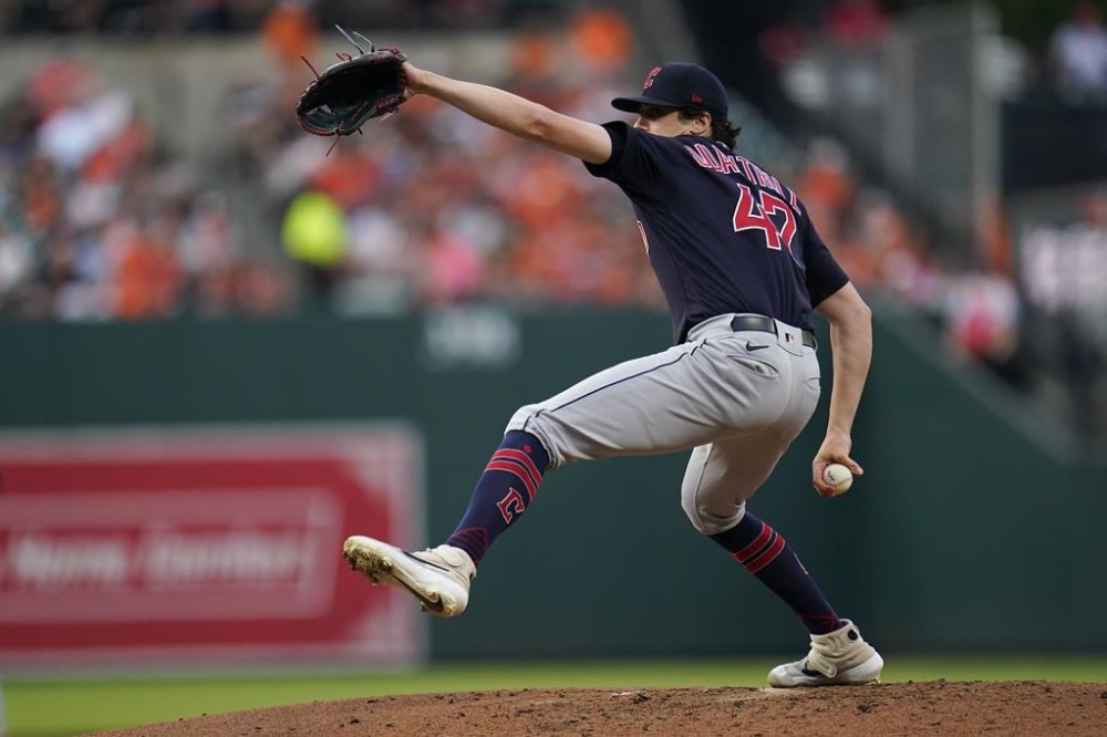 Cleveland Guardians starting pitcher Cal Quantrill throws a pitch to the Baltimore Orioles during the second inning of a baseball game, Tuesday, May 30, 2023, in Baltimore. (AP Photo/Julio Cortez)
