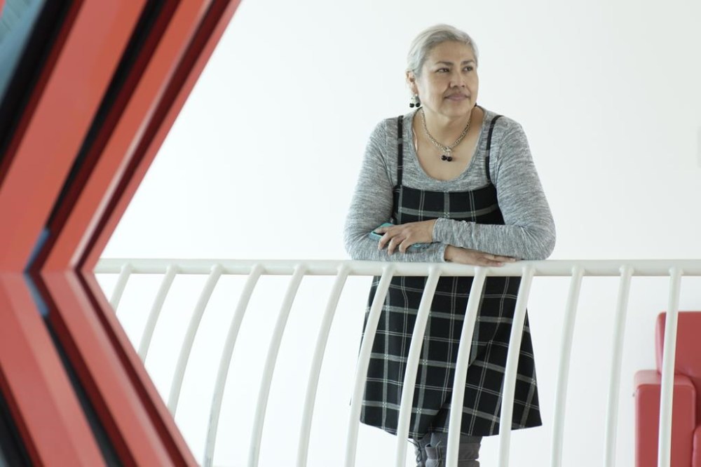 Kerry Benjoe, editor of Eagle Feather News, poses for a photo at First Nations University of Canada in Regina on Wednesday March 15, 2023. THE CANADIAN PRESS/Michael Bell