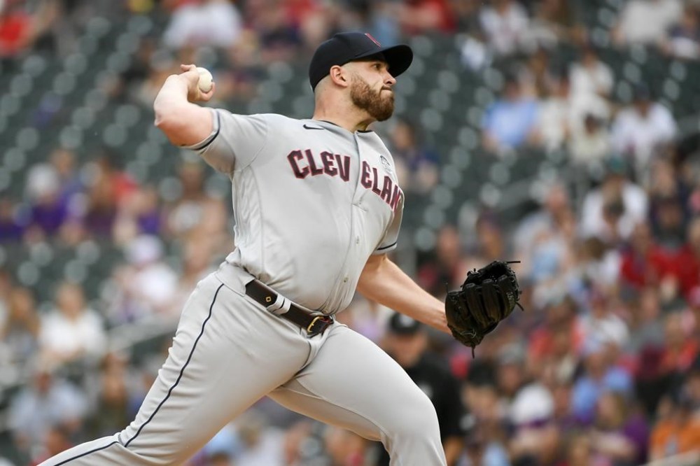 Cleveland Guardians pitcher Aaron Civale throws against the Minnesota Twins during the first inning of a baseball game, Friday, June 2, 2023, in Minneapolis. (AP Photo/Craig Lassig)