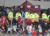 Police officers and security staff members secure an area where an accident involving a spectator who fell to his death, during a local tournament soccer match between River Plate and Defensa y Justicia, at the Monumental stadium in Buenos Aires, Argentina, Saturday, June 3, 2023. (AP Photo/Nicolas Aboaf)