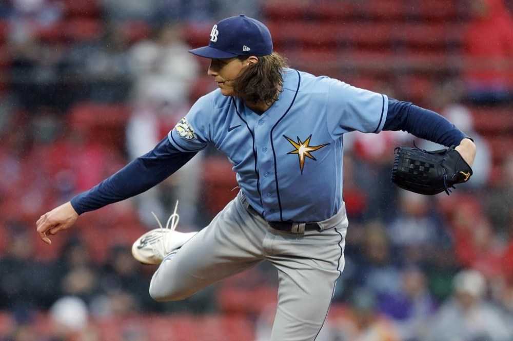 Tampa Bay Rays' Tyler Glasnow pitches during the first inning of the second baseball game of a doubleheader against the Boston Red Sox, Saturday, June 3, 2023, in Boston. (AP Photo/Michael Dwyer)