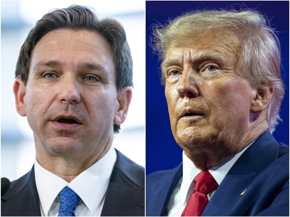 FILE - This combination of photos shows Florida Gov. Ron DeSantis speaking on April 21, 2023, in Oxon Hill, Md., left, and former President Donald Trump speaking on March 4, 2023, at National Harbor in Oxon Hill, Md. In his first week on the campaign trail as a presidential candidate, Gov. DeSantis repeatedly hit his chief rival, Donald Trump, from the right. DeSantis told a conservative radio host, “This is a different guy than 2015, 2016.