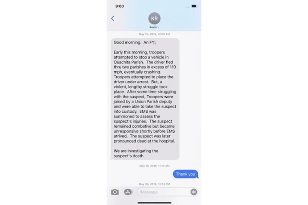 FILE - This image obtained by the Associated Press through a public records request shows a May 10, 2019 text message to Louisiana Gov. John Bel Edwards, informing him of the deadly 2019 arrest of Ronald Greene. Police told Edwards that troopers engaged in