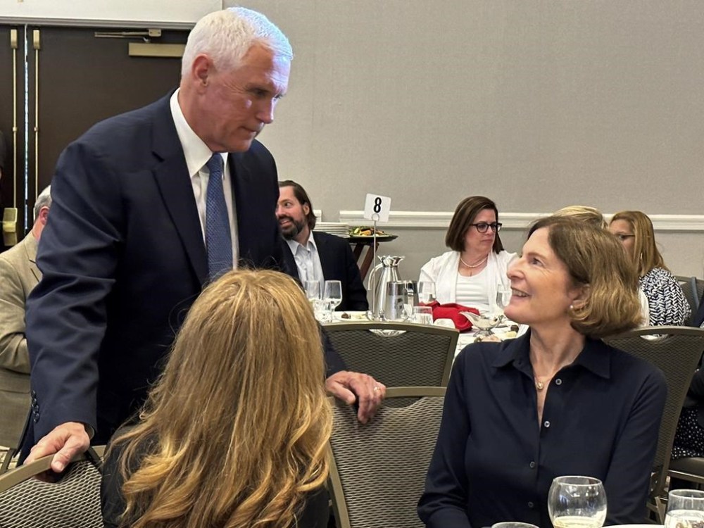 Former Vice President Mike Pence speaks to members of the crowd at an awards dinner hosted by the Josiah Bartlett Center for Public Policy in Concord, N.H., on Tuesday, May 16, 2023. (AP Photo/Holly Ramer)