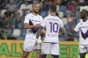 Fiorentina's Arthur Mendonca Cabral, left, celebrates after scoring during the Italian Serie A soccer match between Sassuolo and Fiorentina at the 