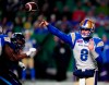 Winnipeg Blue Bombers quarterback Zach Collaros (8) fires a pass against the Toronto Argonauts during first half action at the 109th Grey Cup at Mosaic Stadium in Regina, Sunday, Nov. 20, 2022. The Blue Bombers have returned 47 players who suited up for at least one game last season. THE CANADIAN PRESS/Paul Chiasson