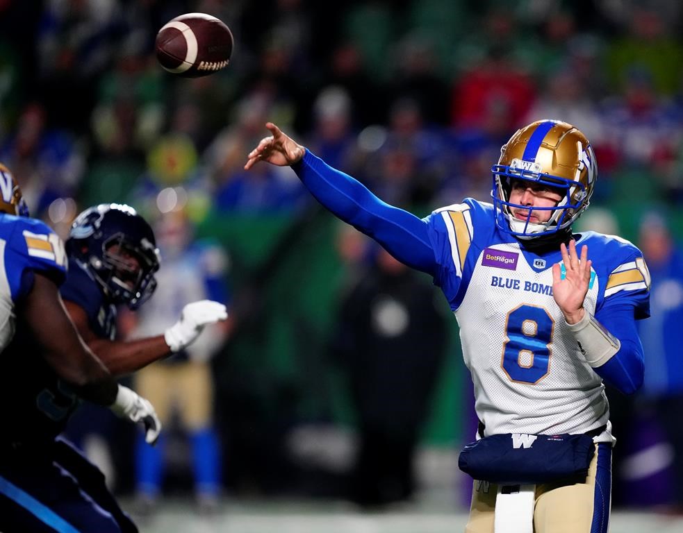 Winnipeg Blue Bombers quarterback Zach Collaros (8) fires a pass against the Toronto Argonauts during first half action at the 109th Grey Cup at Mosaic Stadium in Regina, Sunday, Nov. 20, 2022. The Blue Bombers have returned 47 players who suited up for at least one game last season. THE CANADIAN PRESS/Paul Chiasson