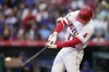Los Angeles Angels' Shohei Ohtani grounds out uring the first inning of the team's baseball game against the Chicago Cubs on Tuesday, June 6, 2023, in Anaheim, Calif. (AP Photo/Jae C. Hong)