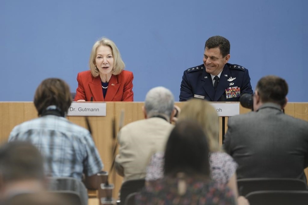 United States Ambassador to Germany Amy Gutmann, left, and U.S. Air National Guard Director Lieutenant General Michael A. Loh, brief the media during a news conference on the Air Defender military exercise in Berlin, Germany, Wednesday, June 7, 2023. (AP Photo/Markus Schreiber)