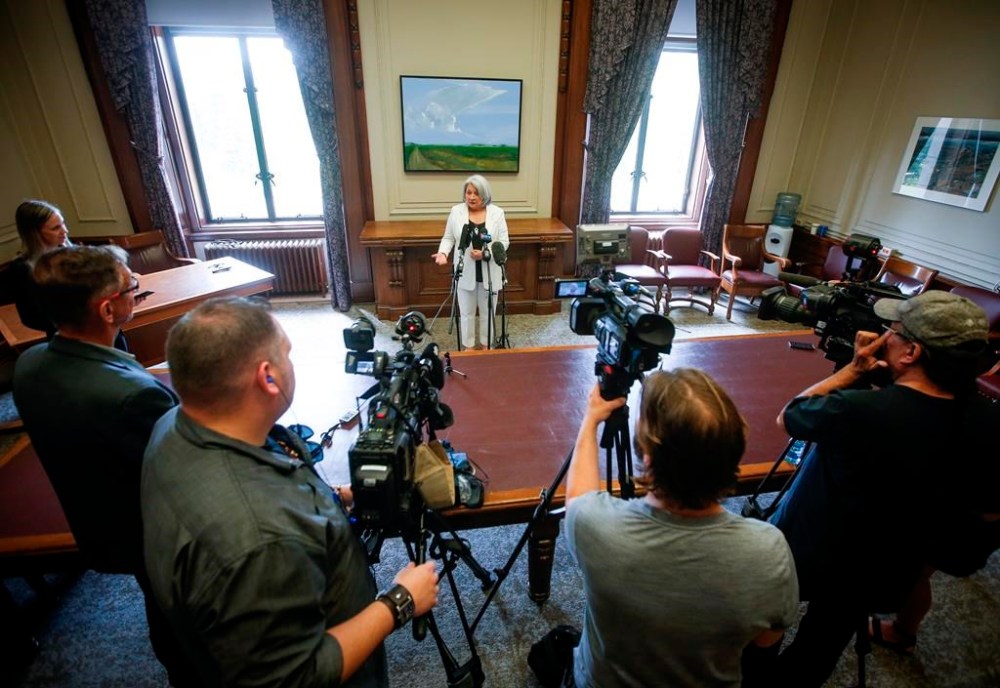 Gov. Gen. Mary Simon talks to media at the Manitoba Legislature in Winnipeg on Wednesday, June 7, 2023. THE CANADIAN PRESS/John Woods