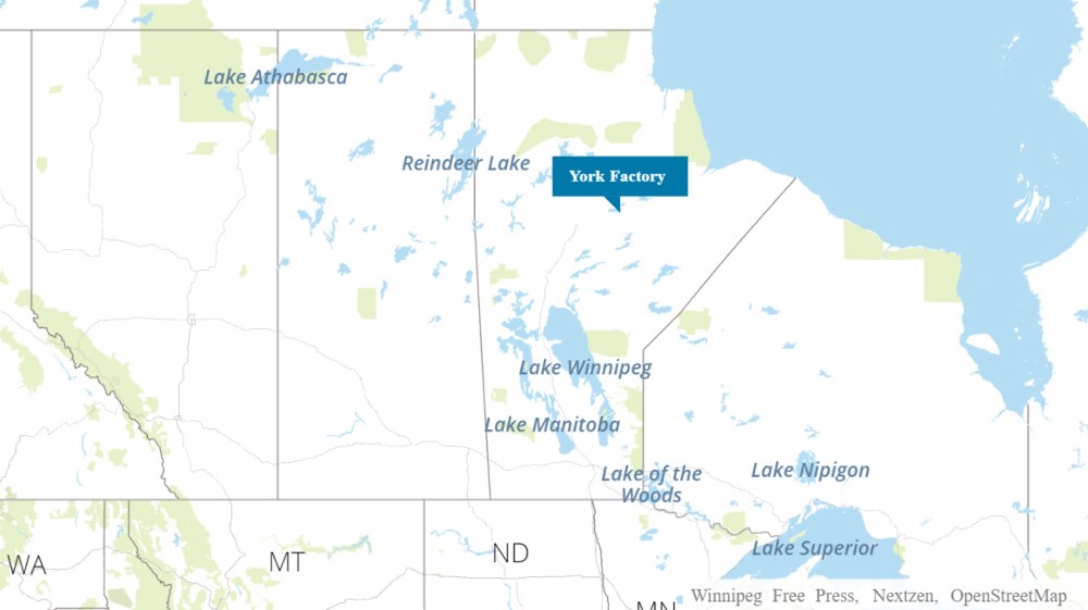 York Factory is approximately 850 kilometres north of Winnipeg.
