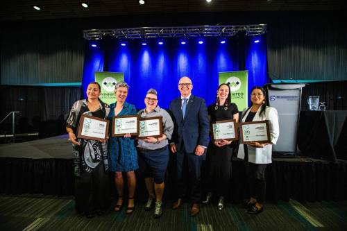 MIKAELA MACKENZIE / WINNIPEG FREE PRESS
                                From left, Rosanna Deerchild, Shawna Dempsey, Lorri Millan, Scott Gillingham, Emily Solstice Tait, and Destiny Seymour (standing in for partner Alan Greyeyes) show off their awards at the Mayor&rsquo;s Luncheon for the Arts at the RBC Convention Centre on Thursday.
                                photos by MIKAELA MACKENZIE / WINNIPEG FREE PRESS
                                Rosanna Deerchild (from left), Shawna Dempsey, Lorri Millan, Emily Solstice Tait, and Destiny Seymour (standing in for partner Alan Greyeyes) show off their awards alongside Mayor Scott Gillingham at the Mayor&rsquo;s Luncheon for the Arts.