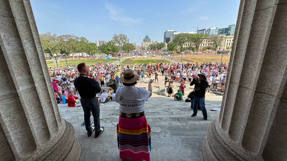 Assembly of Manitoba Chiefs Grand Chief Cathy Merricks speaks at a rally before the Pride Parade in Winnipeg on June 4. (John Woods / Winnipeg Free Press)