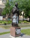 The Queen Elizabeth II statue on the grounds of the Manitoba Legislative Building was spray-painted shortly after it was returned to its place June 2. (George Penner photo)