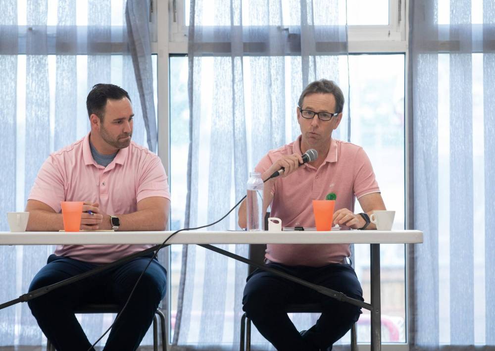 JESSICA LEE / WINNIPEG FREE PRESS
Candidate Doug Hemmerling (right) and Ben Carr (left) during a byelection debate for the MP position at Winnipeg South Centre at Riverview Community Centre Thursday.