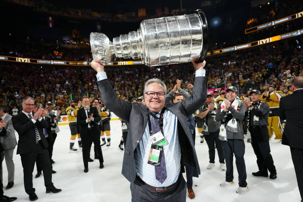 Vegas Golden Knights
Las Vegas Golden Knights GM Kelly McCrimmon hoists the Stanley Cup Tuesday in Las Vegas.